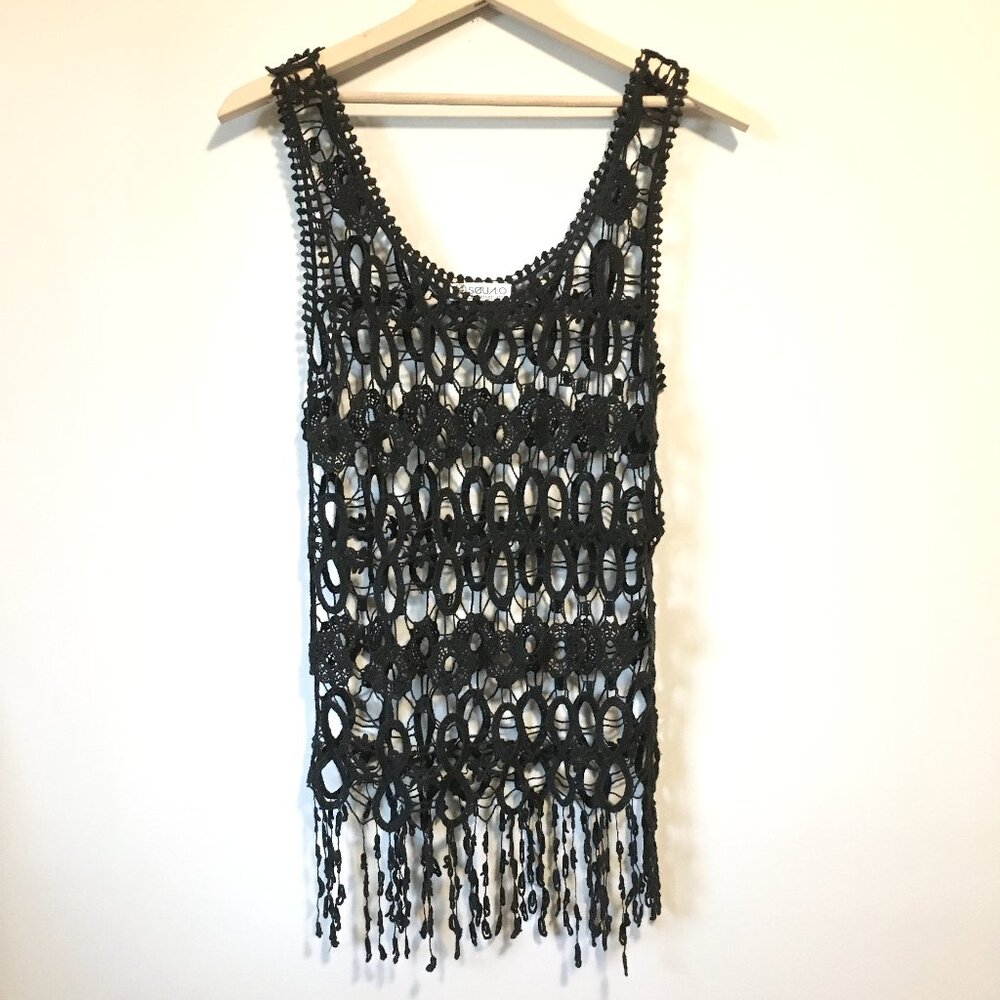 Vintage Squalo Black Loose Crochet Lace Sleeveless Top Size S